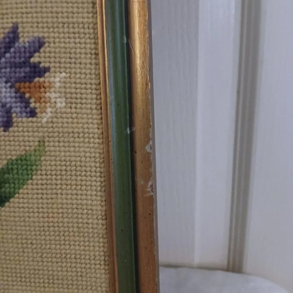VTG MCM Floral Framed Needlepoint Embroidered Tapestry Weaving 18x 9 Cottagecore